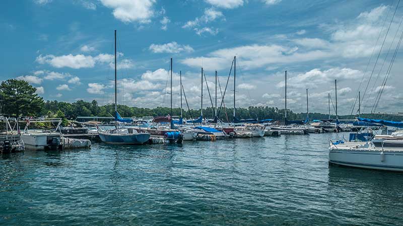 older boats line a marina