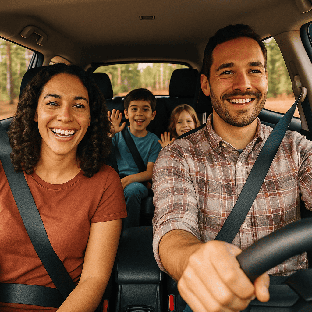 a happy family drives through georgia