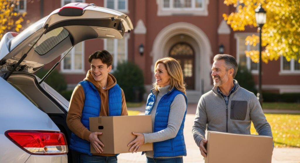 College student unloading a car outside a dormitory while parents discuss auto insurance coverage, highlighting comprehensive protection and away-at-school discounts.