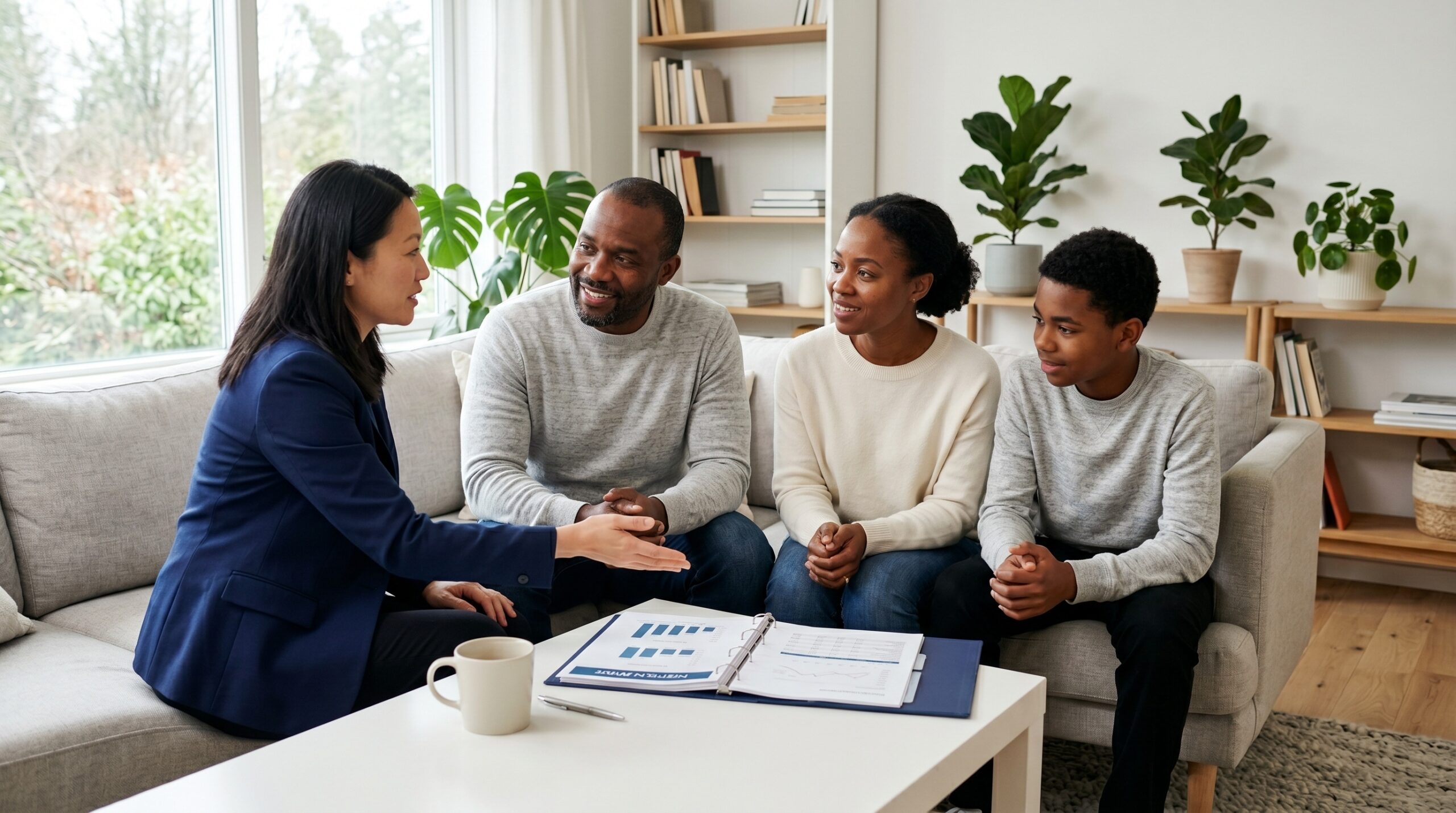 Insurance agent meeting with parents and a teenage driver to review available auto insurance discounts, including good student, safe driving, telematics, and bundled policy savings.