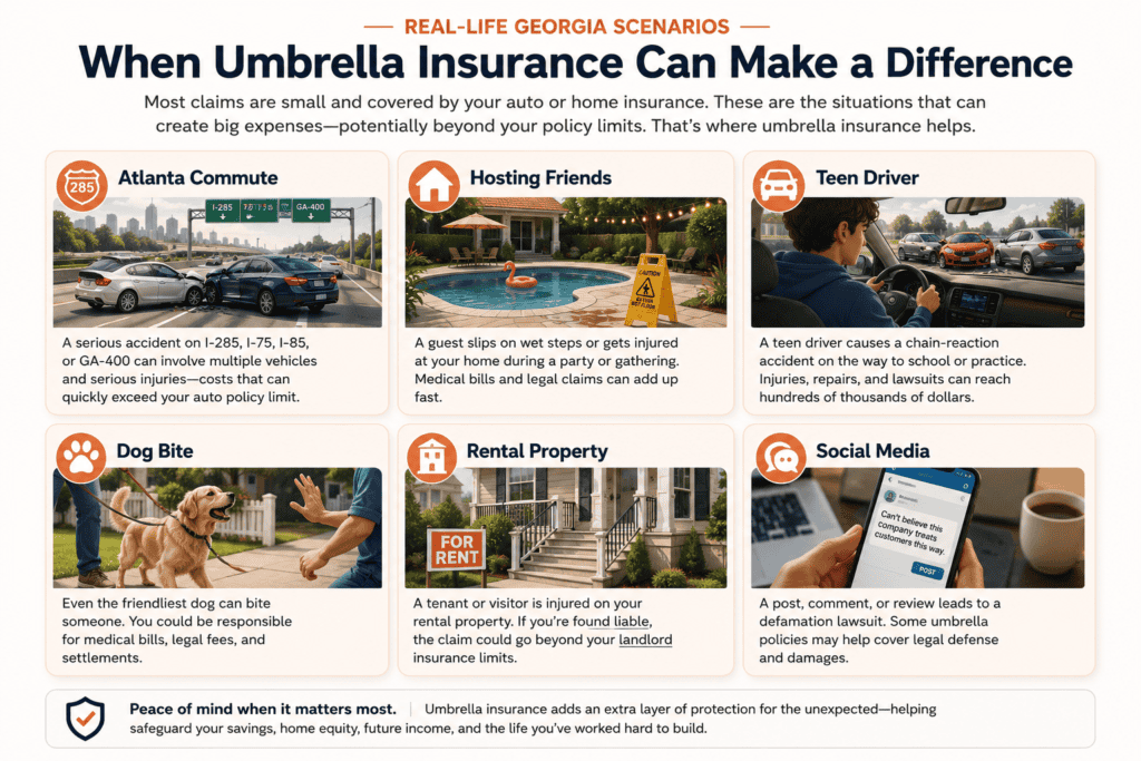 An image illustrating examples where the umbrella insurance applies.