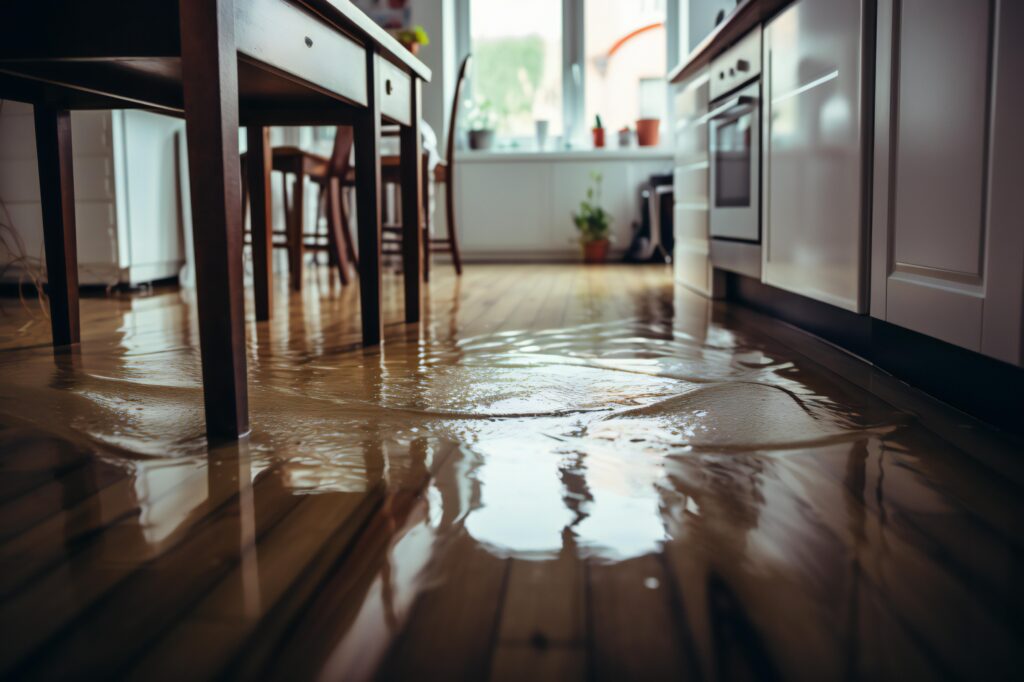 Homeowner standing inside a flooded house with rising water, illustrating the difference between flood damage and water damage covered by standard homeowners insurance.