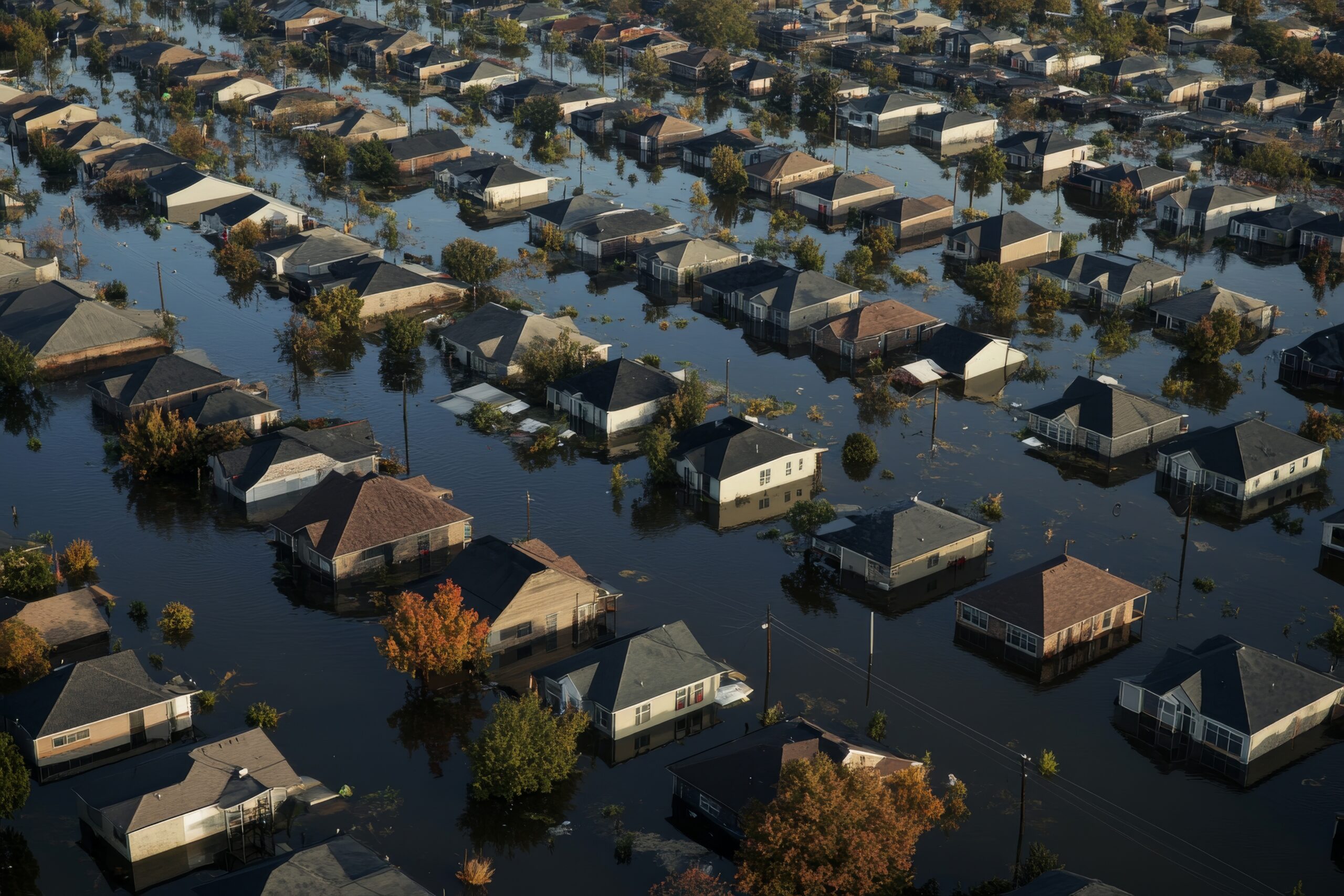 Home damaged by floodwater after a hurricane, illustrating the risk of flooding that may not be covered by a standard homeowners insurance policy.