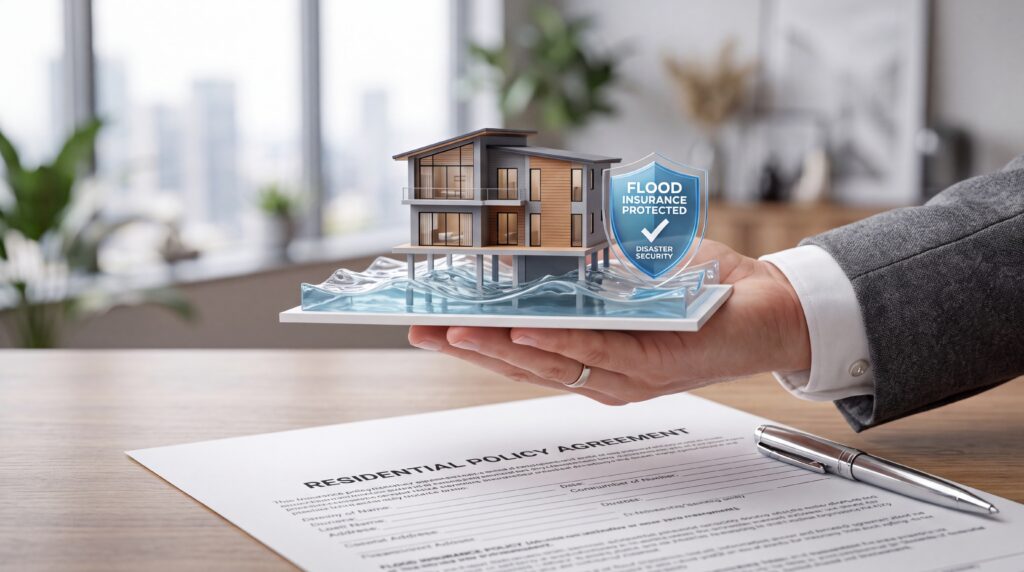 Home interior and belongings affected by flooding, illustrating the building, personal property, and coverage limits of flood insurance.