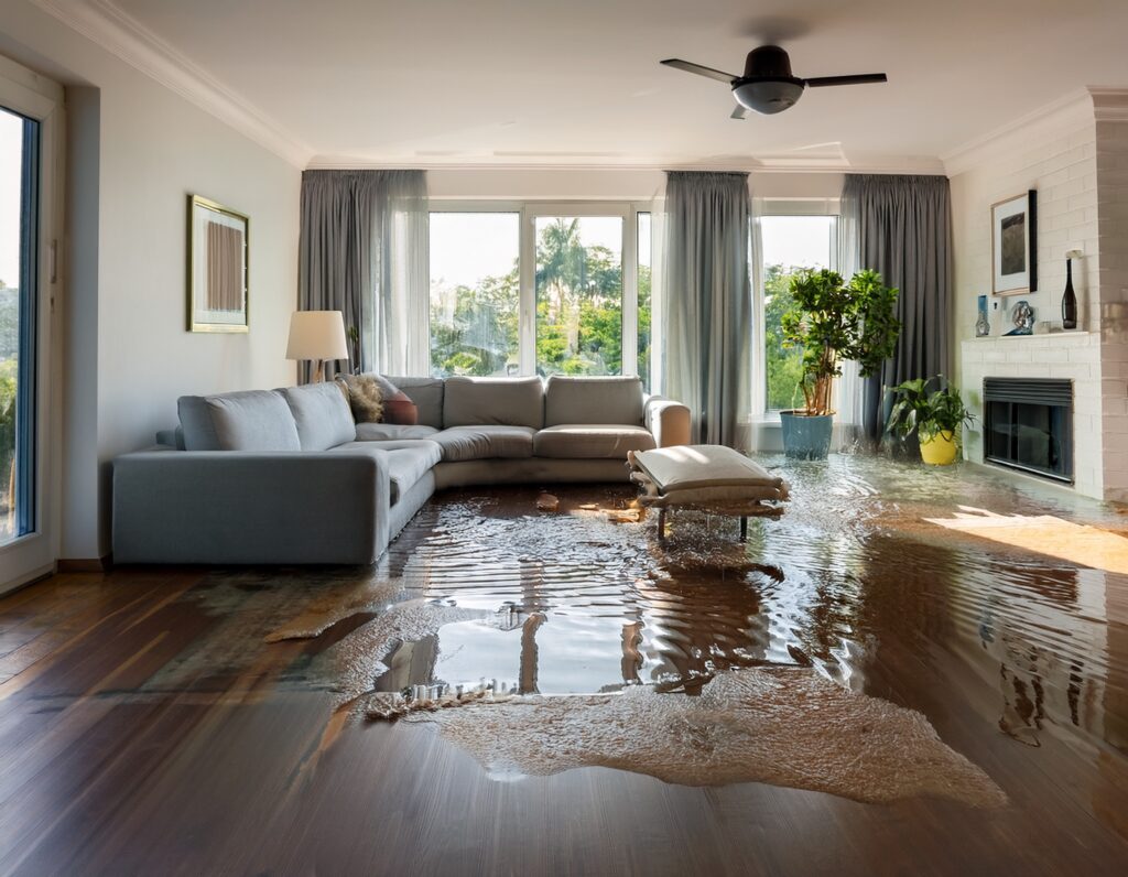 Home damaged by several inches of floodwater, illustrating the significant repair costs that even moderate flooding can cause.
