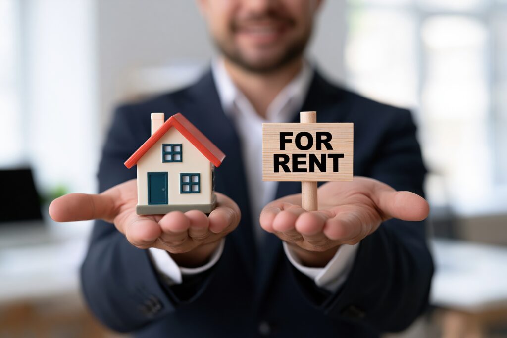 Landlord meeting with a property manager to discuss rental property management and insurance coverage for long-term and short-term rentals.