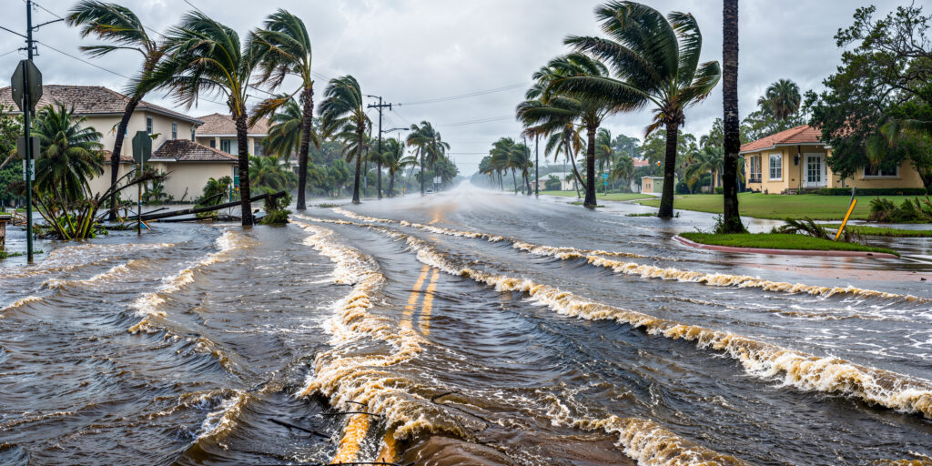 Residential neighborhood experiencing flooding after heavy rainfall, illustrating how saturated ground, flash flooding, and new construction can increase flood risk.