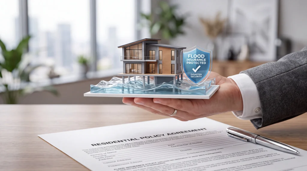 Home flood insurance coverage concept showing a protected house and household belongings, with attention to covered and excluded property.
