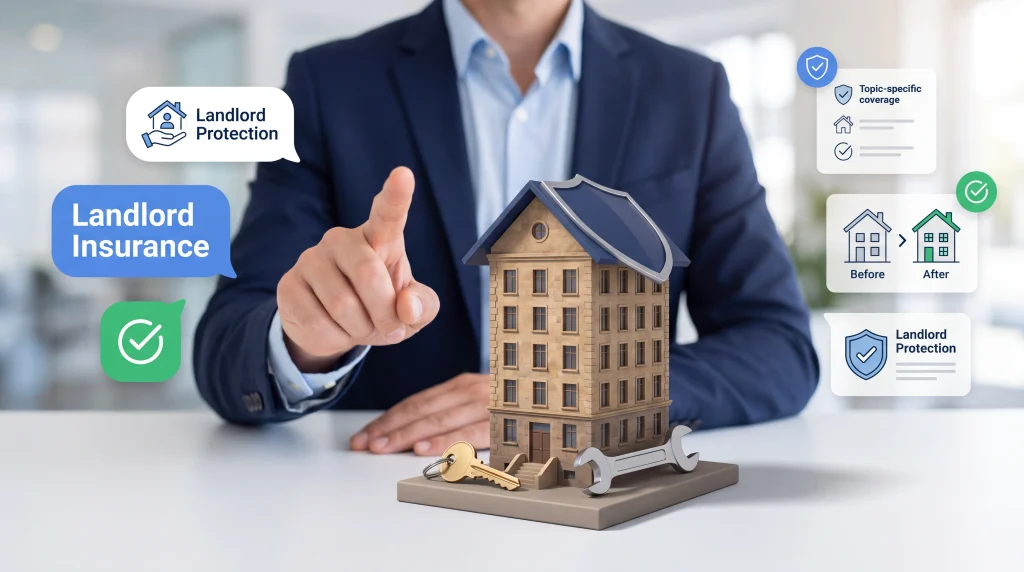 Landlord reviewing rental property insurance coverage options, including rental income protection, liability coverage, and umbrella insurance.